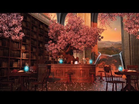 Cherry Blossom Library Café Ambience 🌸 Fantasy Café With Spring Nature Sounds & Library Sounds