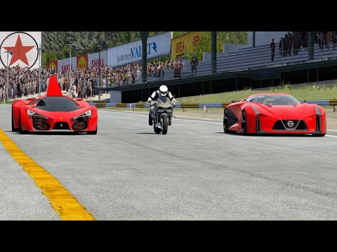 Ferrari F80 Concept vs Kawasaki Ninja H2R vs Nissan Concept 2020 Vision GT at Old SPA