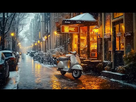 Relaxing Smooth Winter Jazz Music & at the Outdoor Coffee Shop Vibes Snowing ❄️ Winter Night Jazz