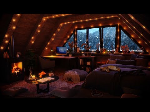 Winter Log Cabin with Crackling Fireplace, Wind and Snow - Relax, Study, Sleep