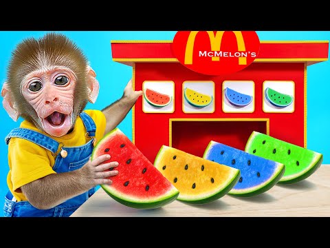 KiKi Monkey make Amazing Rainbow Jelly by Watermelon with Cute Puppy, Duckling | KUDO ANIMAL KIKI