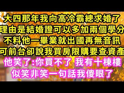 大四那年我向高冷霸總求婚了，理由是結婚證可以多加兩個學分，不料他一畢業就出國再無音訊，可前台卻說我買房限購要查資產，他笑了:你買不了我有十棟樓似笑非笑一句話我傻眼了#甜寵#灰姑娘#霸道總裁#愛情#婚姻