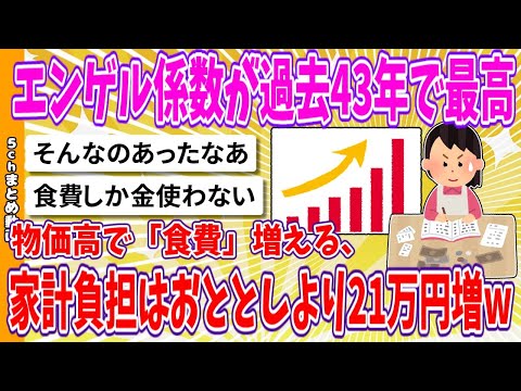 【2chまとめ】エンゲル係数が過去43年で最高、物価高で「食費」増える、家計負担はおととしより21万円増ww【面白いスレ】