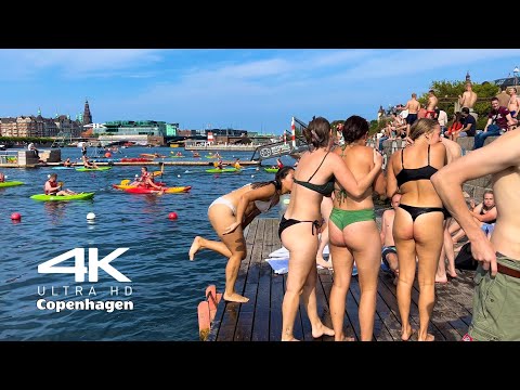 BIKINI BEACH🇩🇰Islands Brygge Harbor Bath Beach | Copenhagen Denmark | August 2023 [4K] Beach Walk