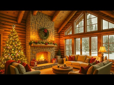 Crackling Fireplace & Christmas Ambience Music 🎄 Warm Christmas Jazz Music in Morning for Good Mood