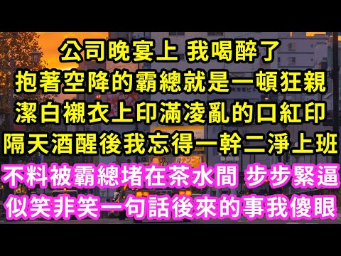 公司晚宴上 我喝醉了，抱著空降的霸總就是一頓狂親，潔白襯衣上印滿凌亂的口紅印，隔天酒醒後我忘得一幹二淨上班，不料被霸總堵在茶水間 步步緊逼，似笑非笑一句話後來的事我傻眼#甜寵#灰姑娘#霸道總裁#愛情