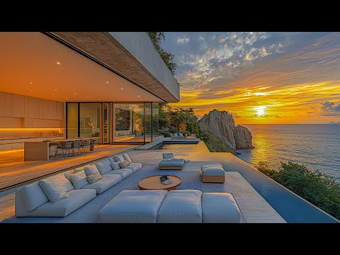 Sunset Jazz Vibes In A Seaside Villa | Energetic Jazz And Ocean Waves For Positive Emotions