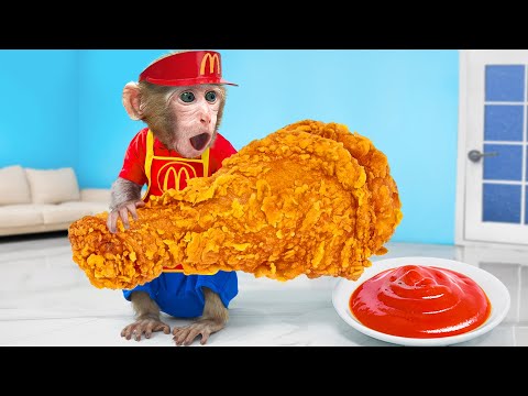 KiKi Monkey eat ASMR Crispy Spicy Fired Chicken with Duckling | KUDO ANIMAL KIKI