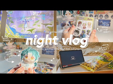 cozy night vlog 🌙 trying genshin on a projector, diy home theater, watching anime, merch haul