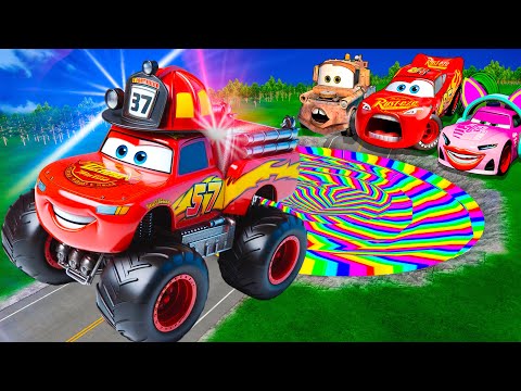 Rainbow Pit Transform In Big & Small:McQueen FireTruck & Mater vs  Pixar Cars! Beam.NG Drive!