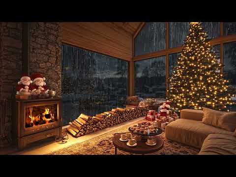 Gentle Rain and Crackling Fire in a Pine Forest Cabin on a Peaceful Christmas Eve