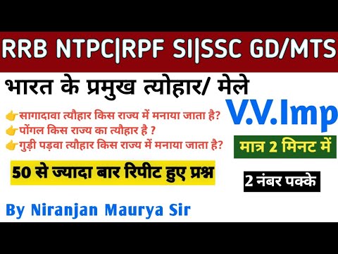 भारत के प्रमुख त्योहार / मेले| India's All Festival|Imp for RRB NTPC|RPF SI|SSC GD BY NIRANJAN SIR