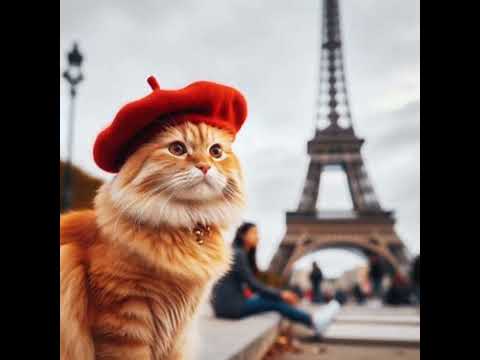 A photo of a ginger cat wearing a red beret sitting next to the Eiffel Tower. #cats