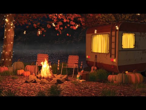 Autumn Camping Ambience: Cracking Campfire, Nighttime Nature Sounds, Crickets, Crunching Leaves