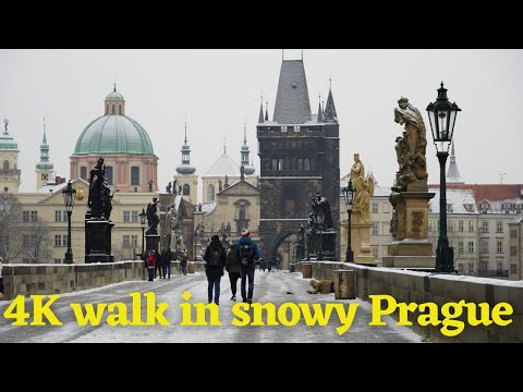 4k WALK IN SNOWY PRAGUE - Prague Castle to Charles Bridge (with a view of Prague)