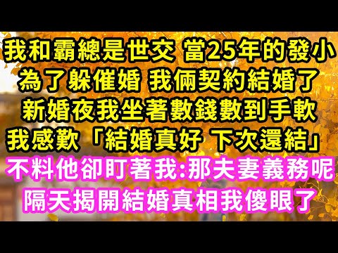 我和霸總是世交 當25年的發小，為了躲催婚 我倆契約結婚了，新婚夜我坐著數錢數到手軟，感歎「結婚真好 下次還結」不料他卻盯著我:那夫妻義務呢隔天揭開結婚真相我傻眼了#甜寵#灰姑娘#霸道總裁#愛情#婚姻