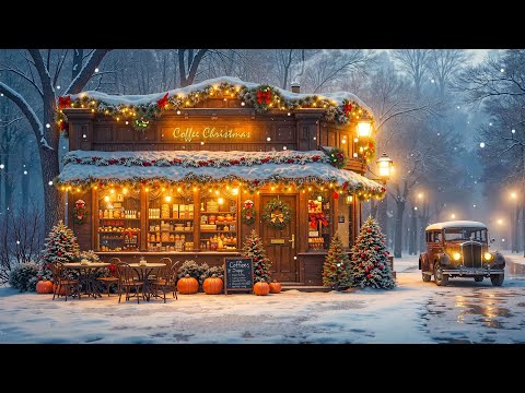 Cozy Christmas Jazz at Café Ambience | Night Snowy Street with Warm Jazz  and Gentle Snowfall Scene⛄