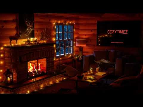 Light Snowstorm in a Cozy Winter Log Cabin with Fireplace and big TV for a Serials Evening