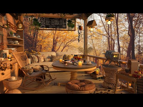 Autumn Rooftop 4K Cozy Coffee Shop ☕ with Piano Jazz Music for Relaxing, Studying and Working