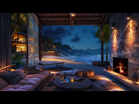 Oceanfront Escape 🌊 | Serene Night Ambience with Gentle Beach Waves, Cozy Crackling Fire