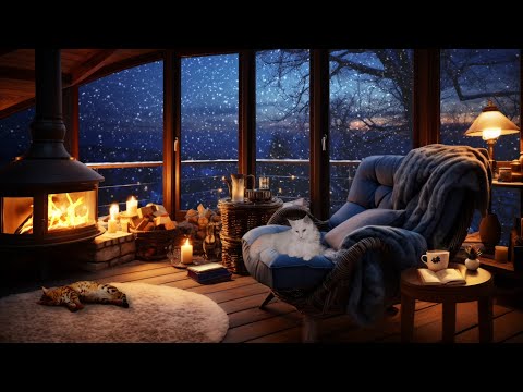 Blizzard Reading Corner with Crackling Fireplace and Cats in a Cozy Hut Ambience