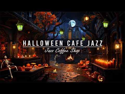 🎃Haunted Cafe Ambience With Halloween Piano Jazz Music In Night Spooky & Fall Night Sounds to Relax