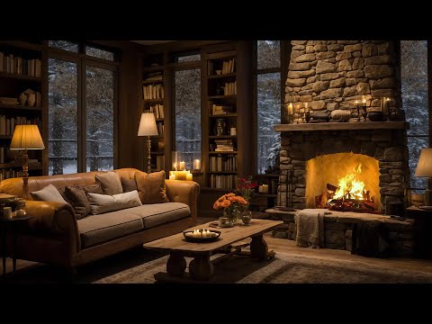 Hello Winter ❄️ Cozy Cabin Ambience with Snowstorm, Jazz, and Fire Sounds 🔥