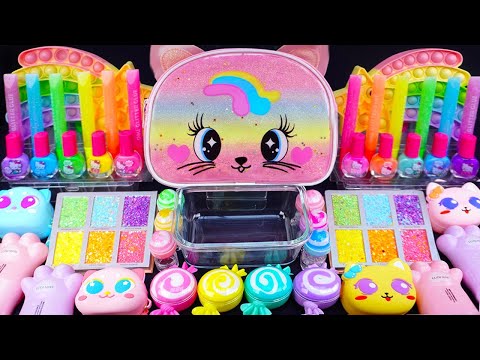 Cat Rainbow Slime Mixing Eyeshadow,Glitter & Random things into slime #asmr #satisfyingslime