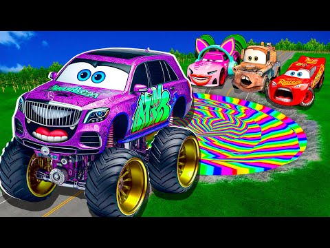 Rainbow Pit Transform In Big & Small:McQueen Golden & Mater vs  Pixar Cars! Beam.NG Drive!