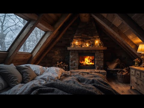 Snowy Winter Fireplace and Wind Sound Ambience | 8hr Soothing Fire and Blizzard for Relaxation