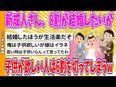 【2chまとめ】新成人さん、8割が結婚したいが、子供が欲しい人は6割を切ってしまうwww【ゆっくり】