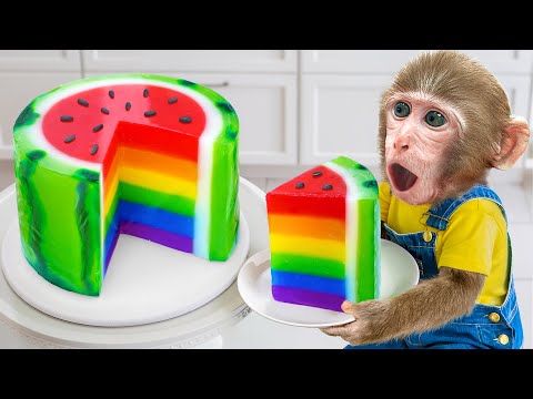 KiKi Monkey make Cocomelon Jelly from Fresh Rainbow Watermelon | KUDO ANIMAL KIKI