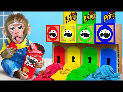 KiKi Monkey play Four Colors Challenge by Four Elements Pringles Chips Machine | KUDO ANIMAL KIKI