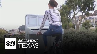 "Piano-bike girl" plays for audiences throughout England