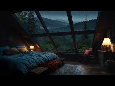 Attic Bedroom Rainfall on Window | 8 hours Relaxing Rain Ambience with Forest View