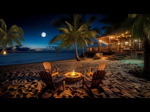 Perfect Seaside Night in Tropical Island | Firepit and Soft Ocean Waves | Soothing Nature