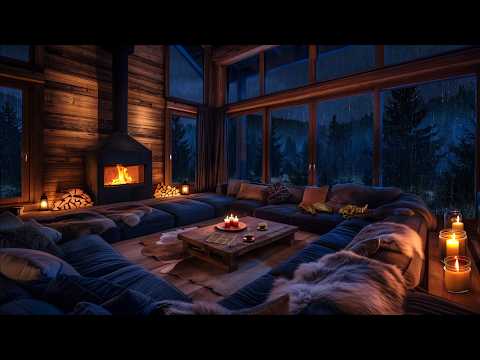 Thunderstorm in a Modern Rustic Living Room - Rain, Thunder, and Fireplace Sounds