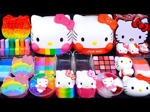 Rainbow Kitty vs Red kitty Slime Mixing Eyeshadow & Random things into slime #asmr #satisfyingslime