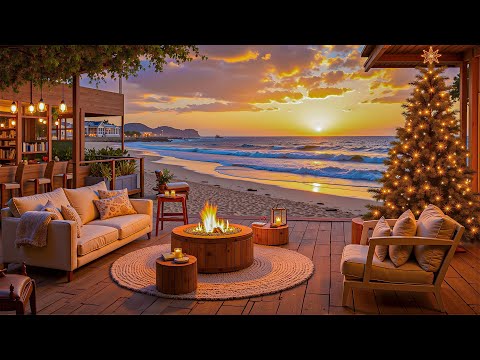 Jazz By The Romantic Beach Coffee | Vibrant Jazz & Ocean Waves With A Peaceful October Sunset