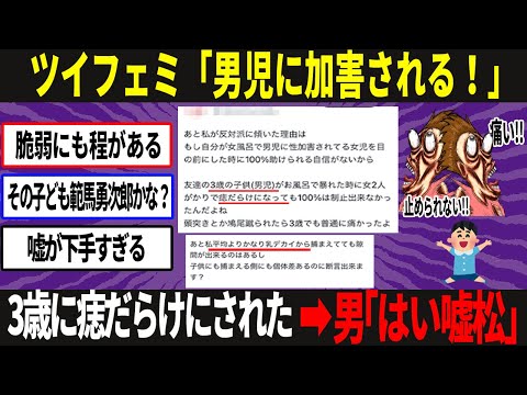 【悲報】ツイフェミさん、成人女性2人がかりで３歳児にボコボコにされてしまう…