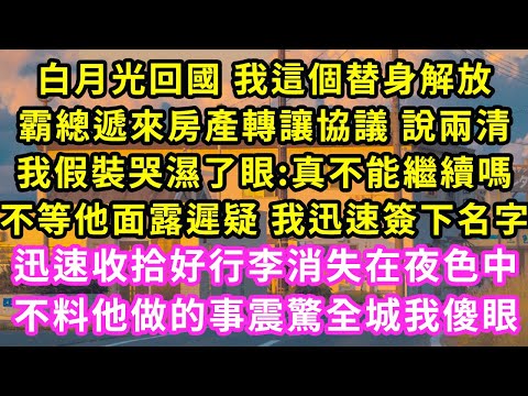 霸總白月光回國 我這替身解放，他讓我簽下房產協議說兩清，我假裝哭濕了眼:我捨不得你，不料他竟面露遲疑 我迅速簽好名，火速收拾好行李 消失在夜色裡，隔天他做的事轟動全城我卻嚇傻#甜寵#灰姑娘#霸道總裁