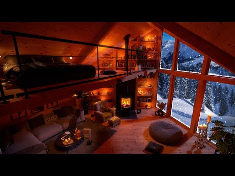 Cozy Log Cabin with Snowstorm and Crackling Fireplace - Wind and Fire Sounds - Sleep, Relax, Learn