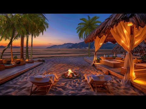 Tropical Beach ASMR | Sleep Better with Ocean Waves Sounds On Sunset | Fireplace & Birdsongs