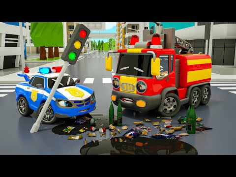 Baby Shark song - Police car and fire truck cleaning up trash - Baby Nursery Rhymes & Kids Songs