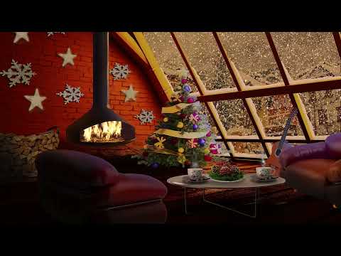 8 Hour Slow Piano Music with Fire Crackling Sound🔥Warm Christmas Ambience, Winter & Snowfall Scenery