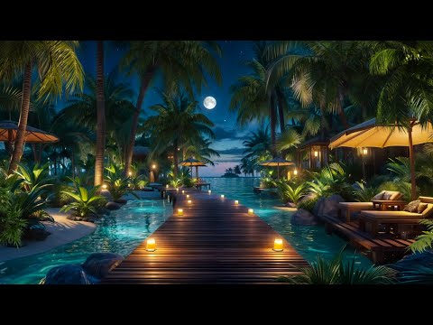 Tropical Night Oasis | Candlelit Beach Resort Under the Stars | Relax or Meditate with Gentle Waves