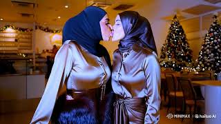 Two festively dressed women kiss during the Christmas season