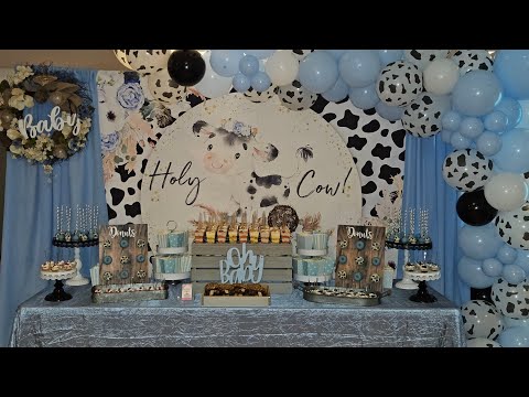 Holy Cow Baby Shower Theme w/Blue & Cow Print Balloon Garland Add-on