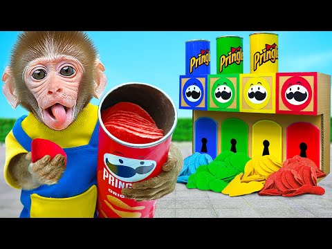 KiKi Monkey discover Four Elements Pringles Potato Chips by Four Colors Challenge | KUDO ANIMAL KIKI