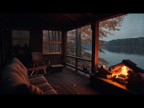 Relaxing Cabin Porch Rain | Fireplace, Rainfalls & Peaceful Night Sounds